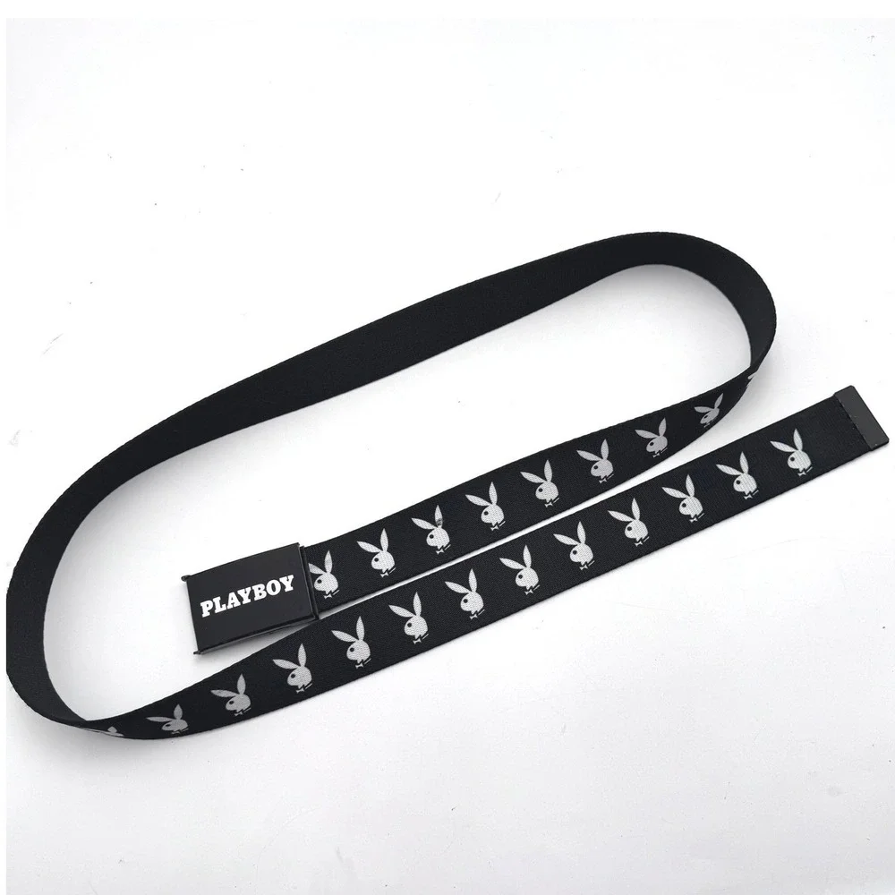 PLAYBOY‎ Men's Black Web Belt Bunny Logo Canvas Adjustable Flip Top Buckle 53